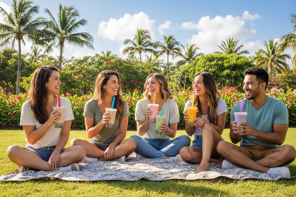 few friends chilling with a bubble tea under a great weather